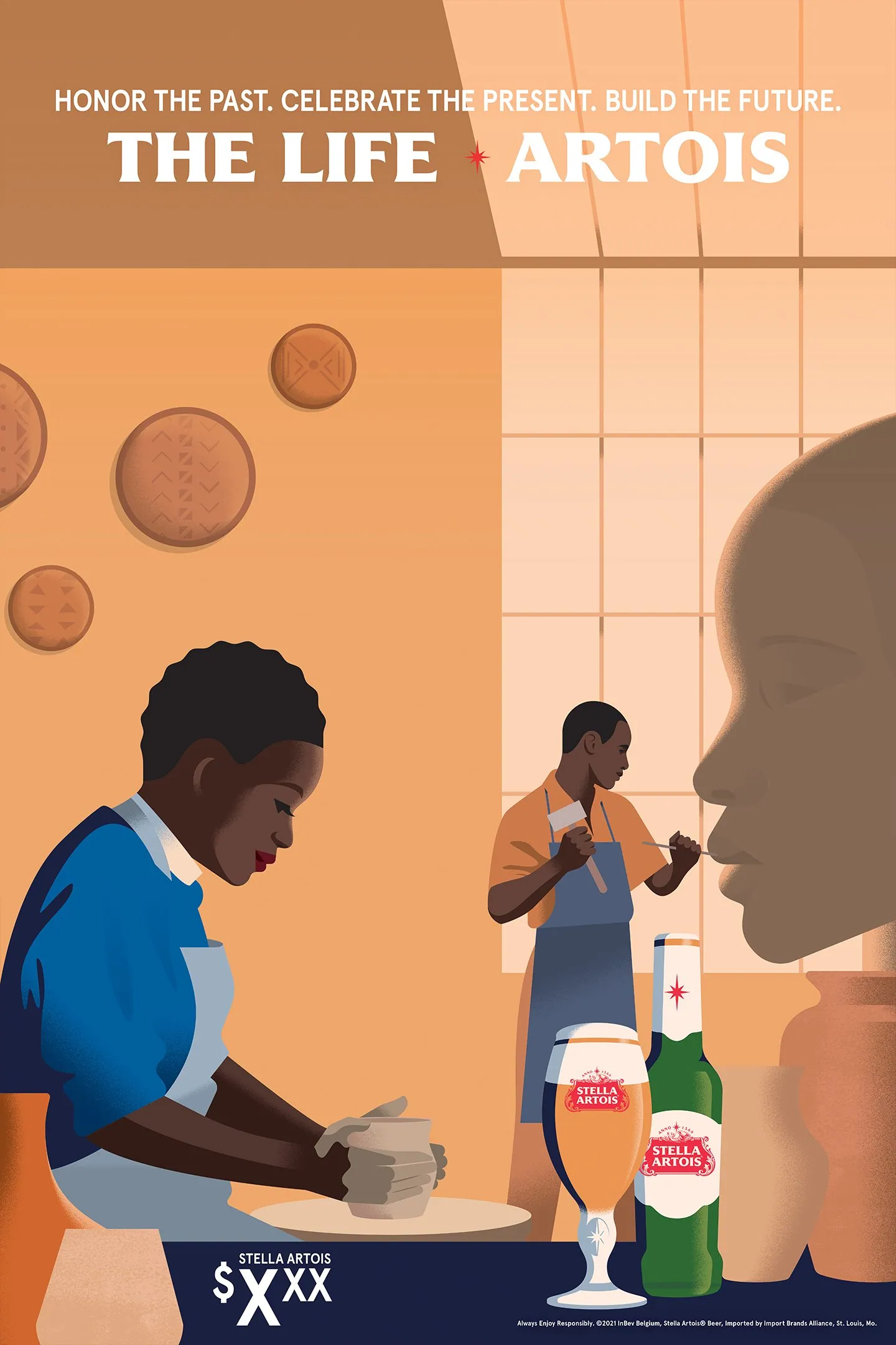 Illustrated poster for Black History Month: a potter at the wheel. “Honor the past. Celebrate the present. Build the future.”