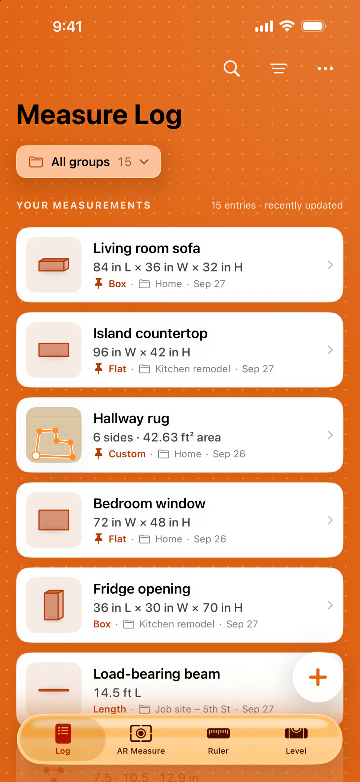 The Measure Log list: a sofa, a countertop, a hallway rug, a bedroom window and more, each with its sizes.