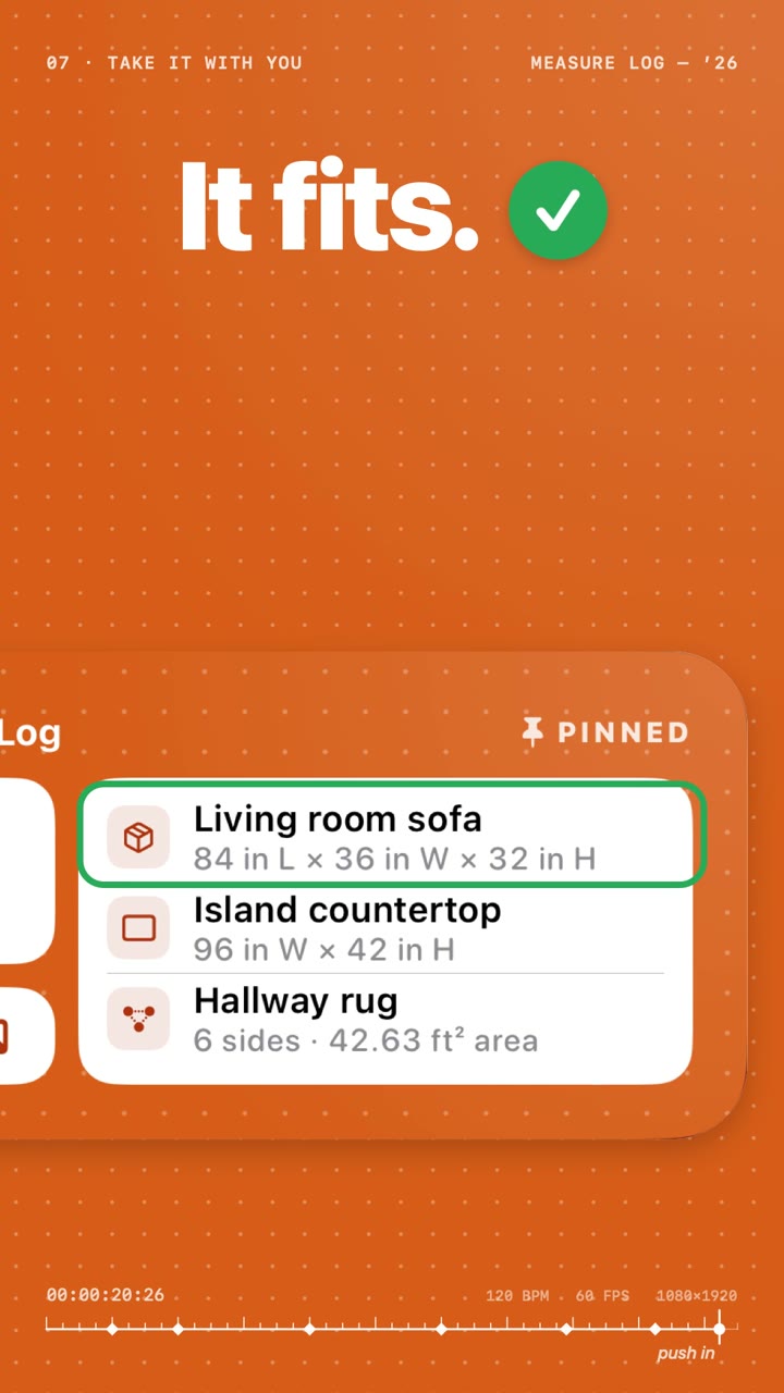 It fits. The pinned sofa size on a Measure Log widget.