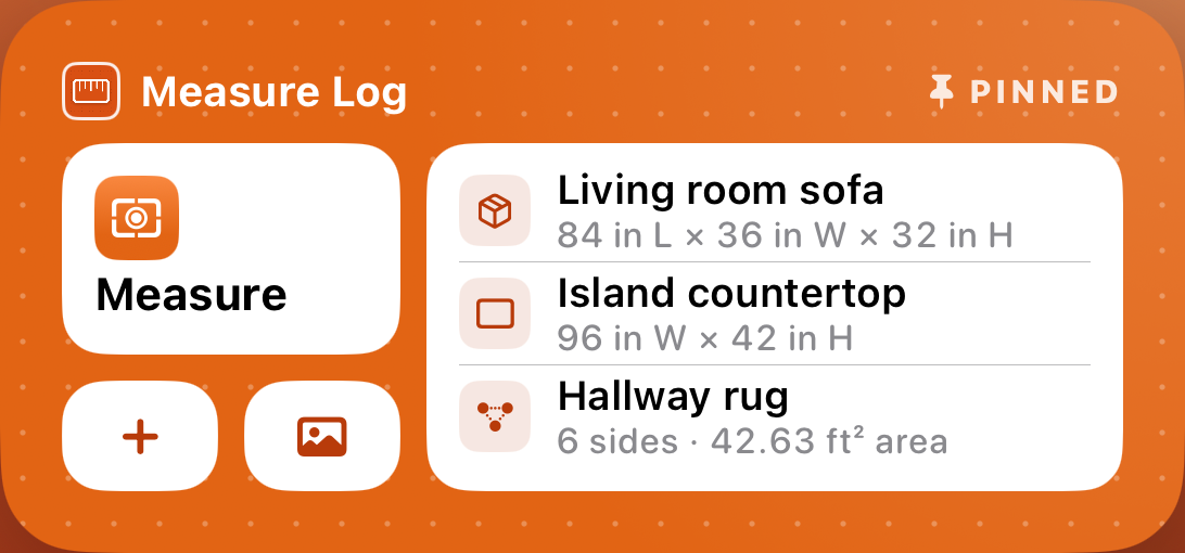 Medium Measure Log widget with the Measure button and pinned sizes: living room sofa, island countertop and hallway rug.
