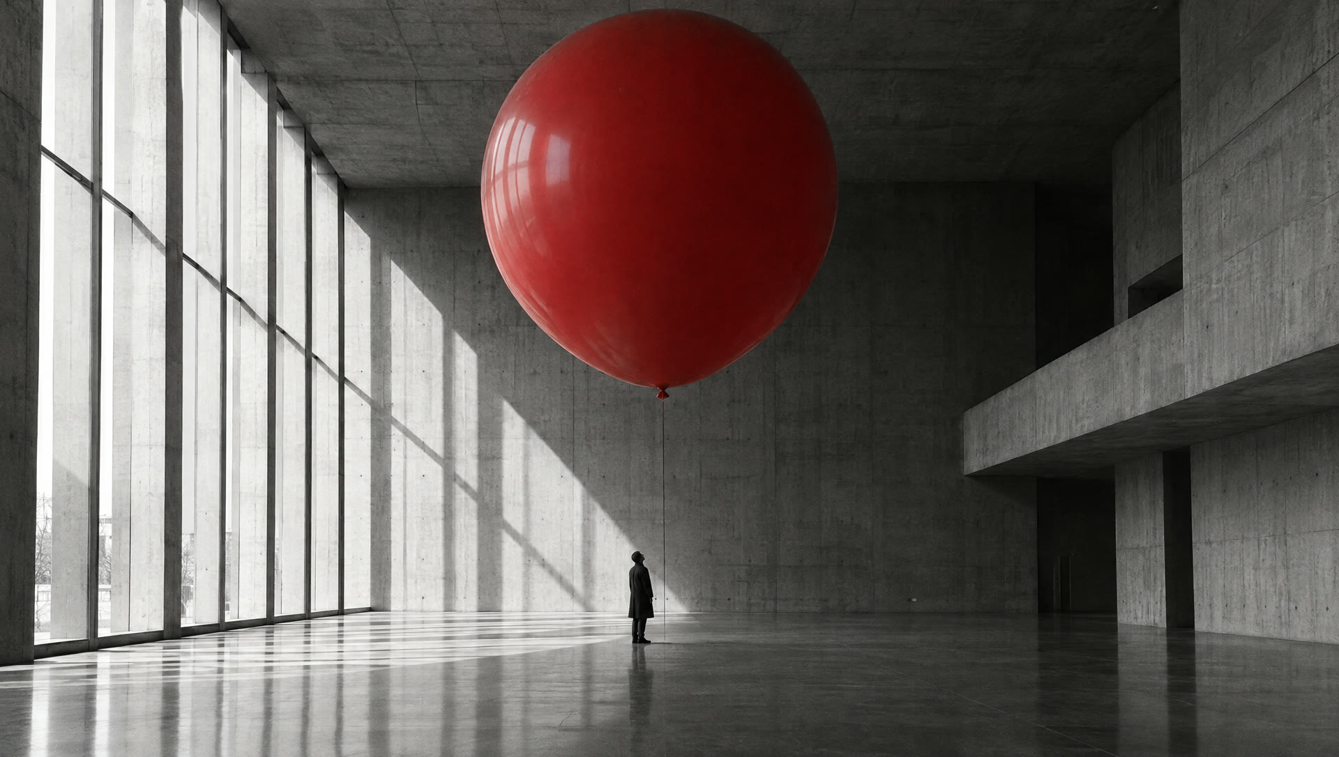A red balloon in an empty concrete gallery