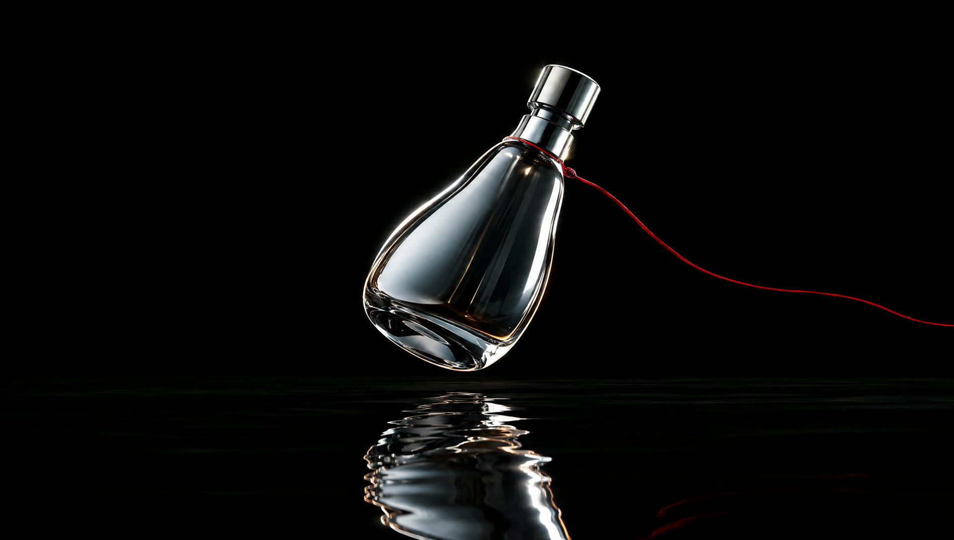 A chrome bottle above black water