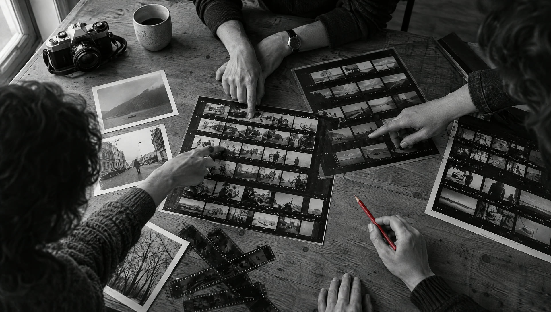 Hands over contact sheets on a workshop table